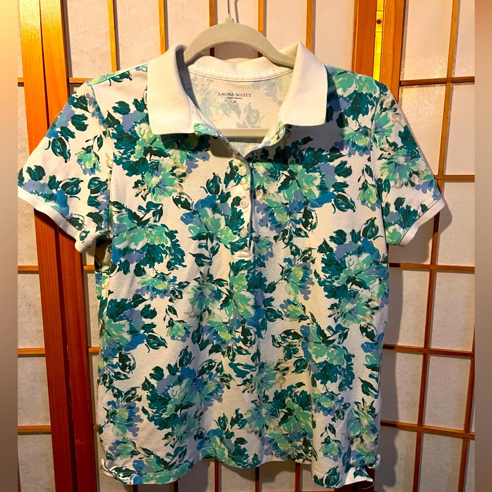 Laura Scott Women's Essential Comfort Polo Shirt - Floral Print - Ladies Medium